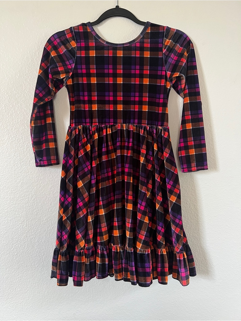 Girls Plaid Velvet Long-Sleeve Dress in Black, Pink & Orange